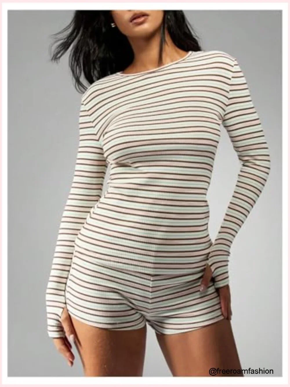 Striped Lounge Set 2 Piece Matching Long Sleeve Top & Mini Shorts